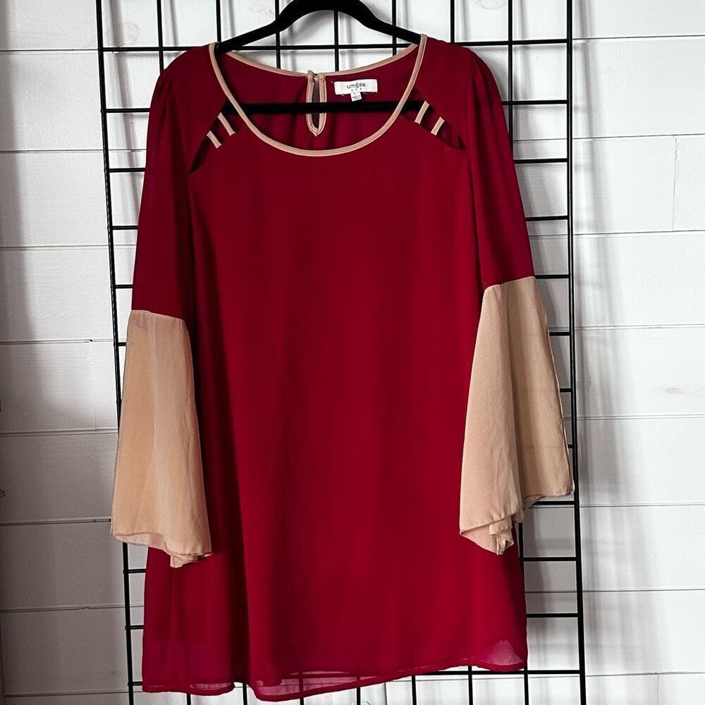 Umgee Boho Flowy Bell Sleeve Dress Womens L Red Tan Cutouts Cottagecore Casual